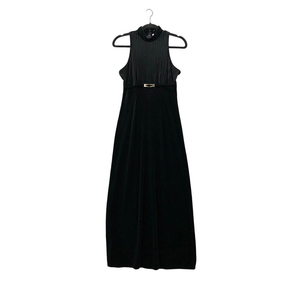 Vintage Papell Black Sleeveless Velvet Maxi Dress 8P A-Line Formal Party